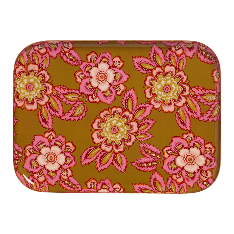A rectangular tray with rounded corners featuring a vibrant floral pattern on a mustard brown background. The design showcases large pink and magenta flowers with yellow and cream centers, surrounded by pink leaves.