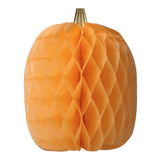 An orange honeycomb paper pumpkin decoration with a textured accordion pattern and a small gold-colored stem, isolated on a white background.