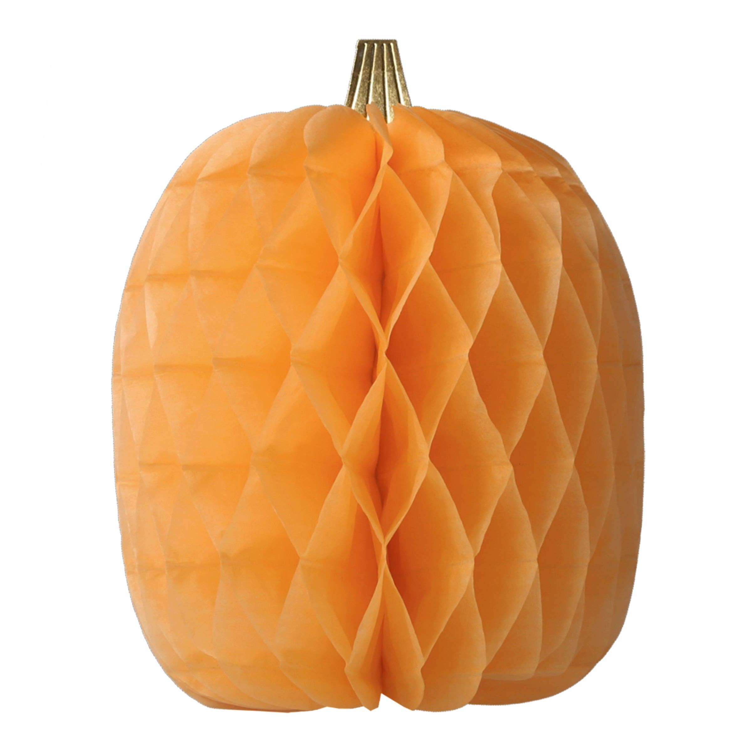 An orange honeycomb paper pumpkin decoration with a textured accordion pattern and a small gold-colored stem, isolated on a white background.