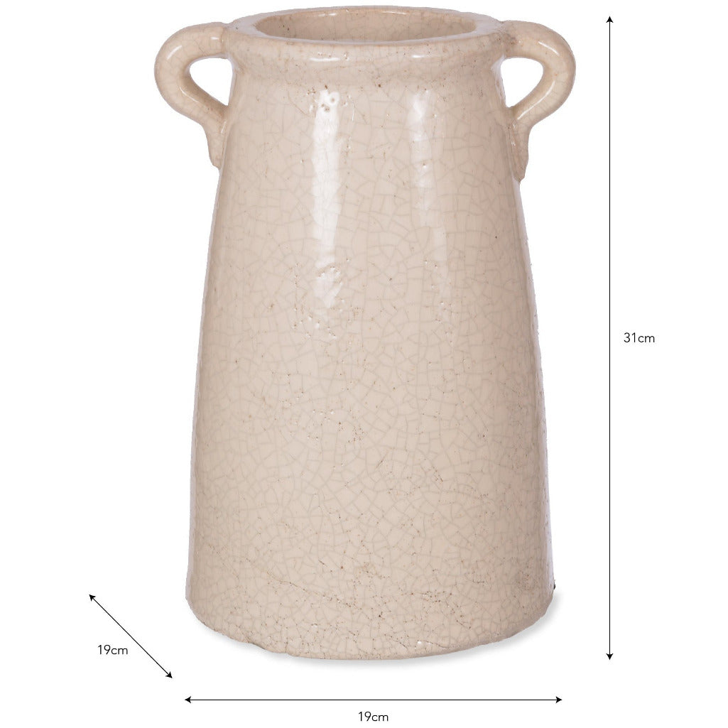 Beige ceramic vase with handles and dimensions on a white background