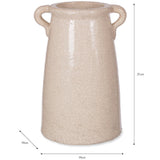 Beige ceramic vase with handles and dimensions on a white background
