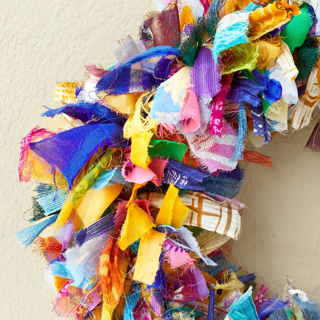 detail of recycled sari fabric wreath 
