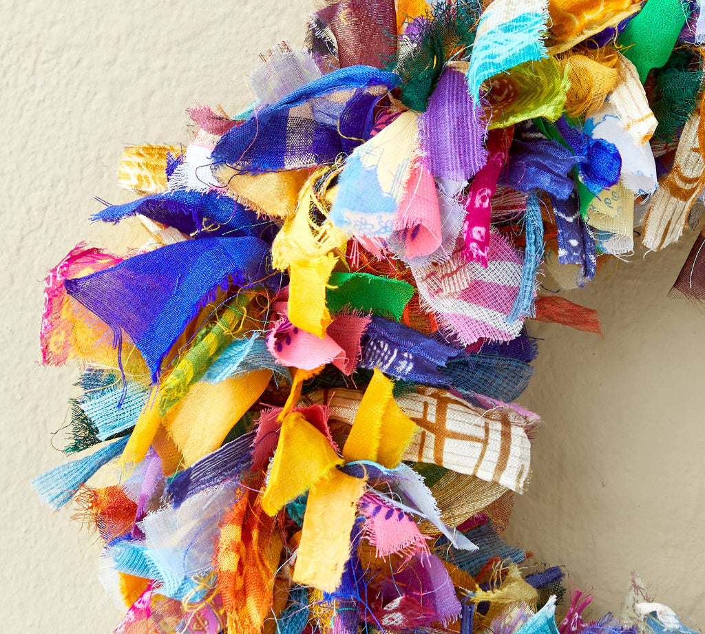 detail of recycled sari fabric wreath 