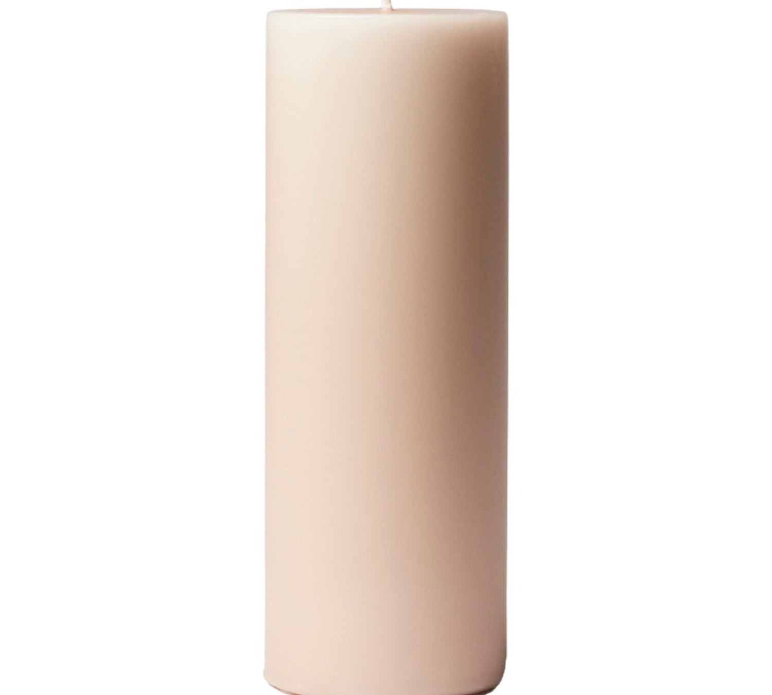 A single tall, cylindrical pillar candle in a rose pink color, shown against a solid white background.