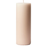 A single tall, cylindrical pillar candle in a rose pink color, shown against a solid white background.