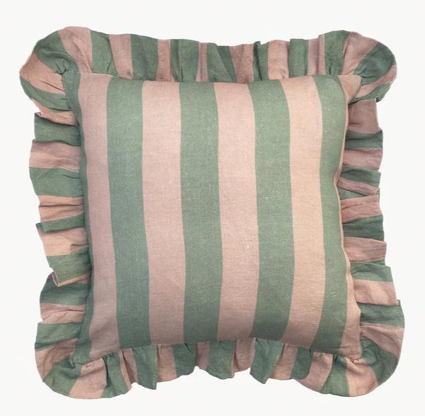 Sage and Blush Striped Ruffle Cushion by Amuse la bouche