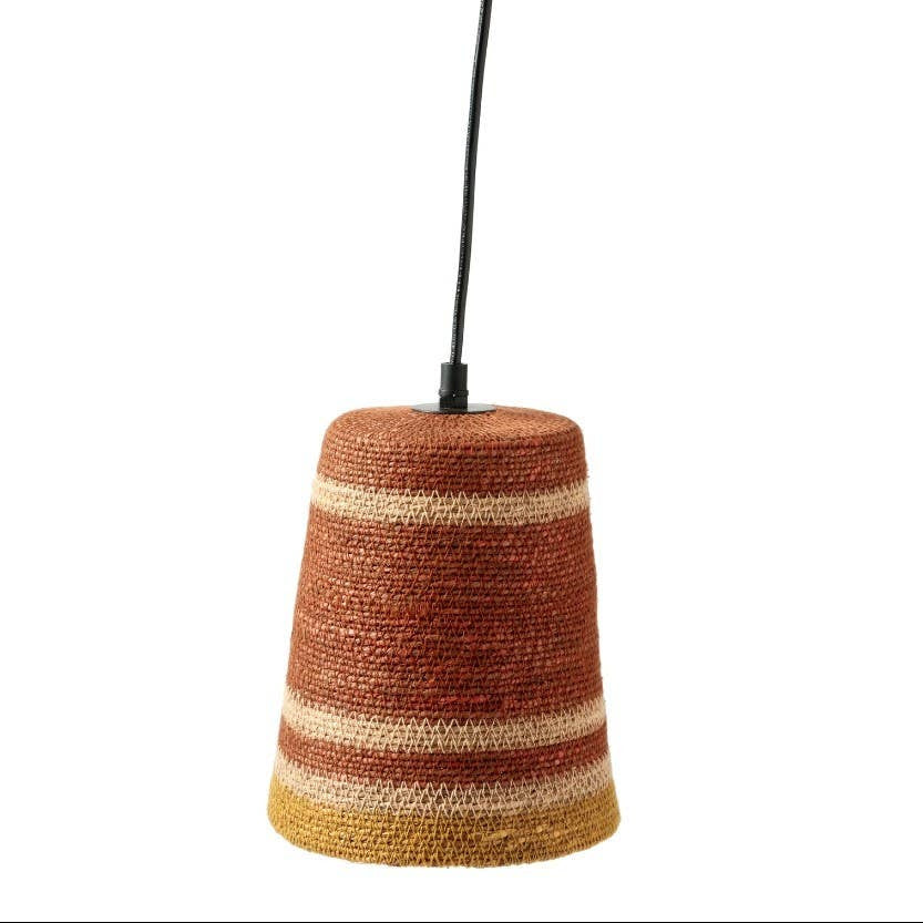 A woven pendant light shade with horizontal stripes in terracotta, beige, and ochre, suspended by a black cord against a plain white background.