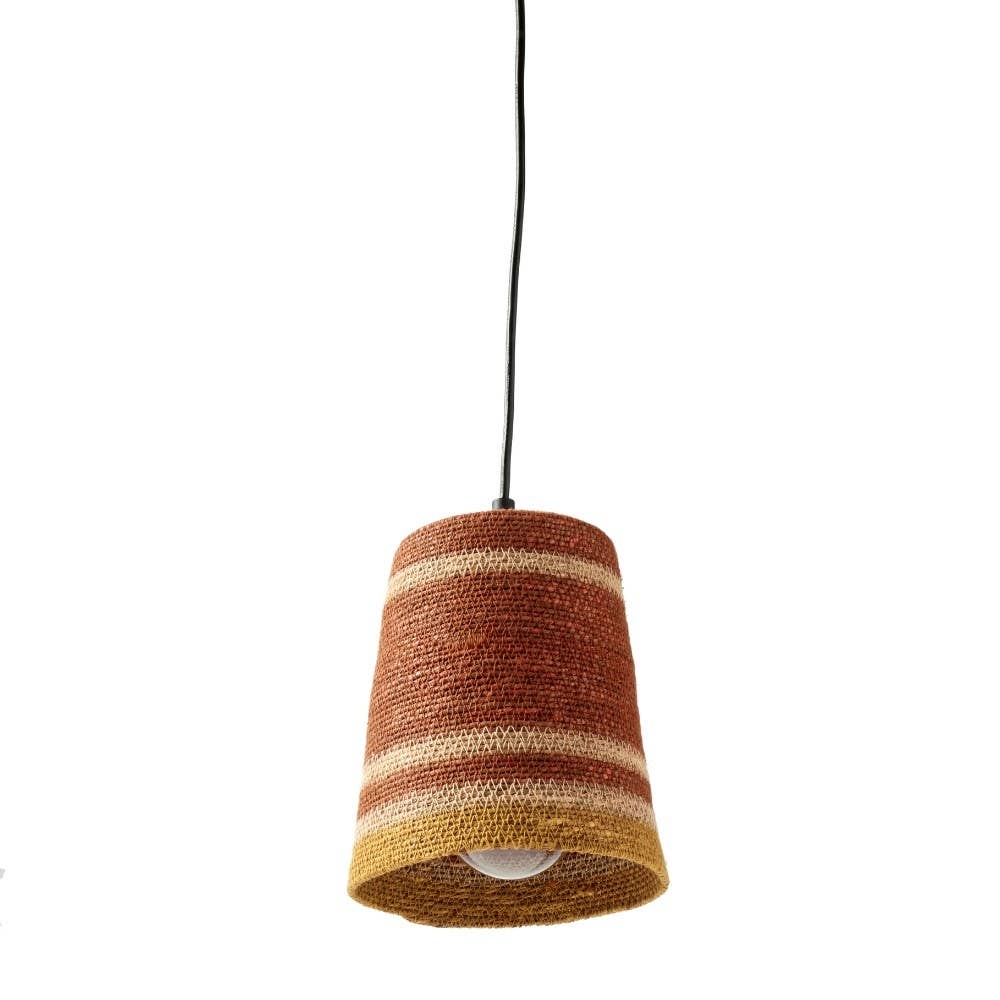 A woven cone-shaped pendant lampshade in terracotta, rust, and beige stripes, suspended by a black cord against a plain white background.