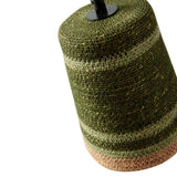 A close-up of a woven cylindrical product, likely a lampshade or decorative cover, in olive green and light beige horizontal stripes with a black top cap, shown on a white background.