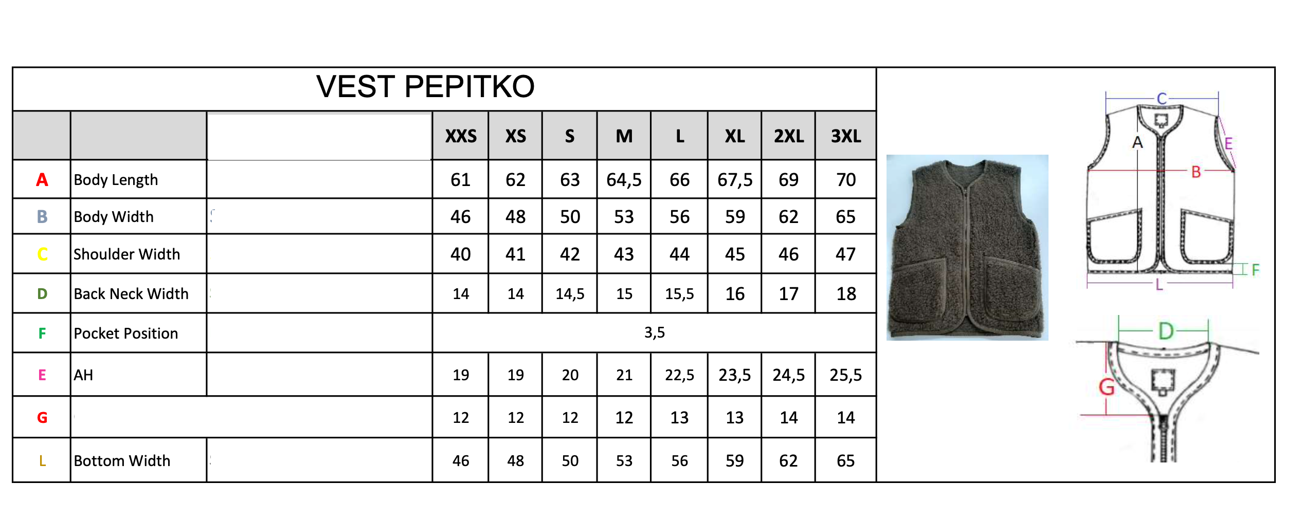 she chart for Pepitko vest 