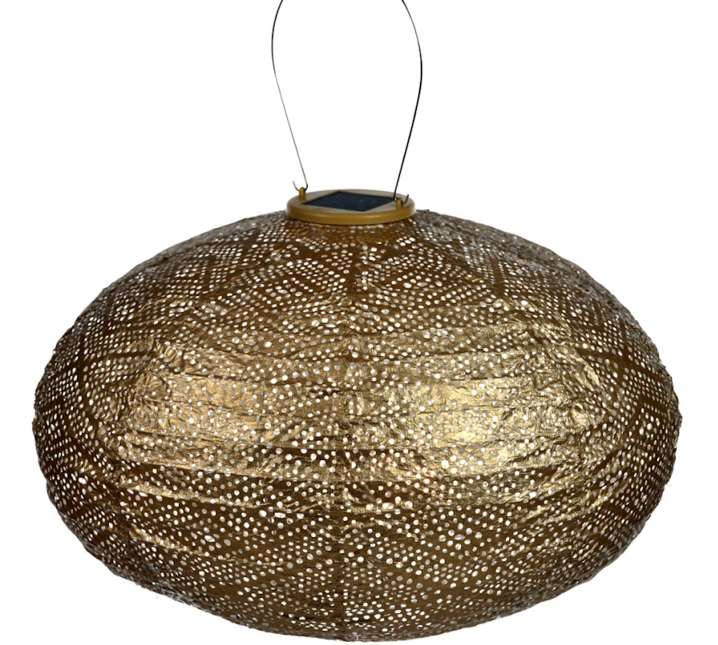Gold woven solar lantern on a white background