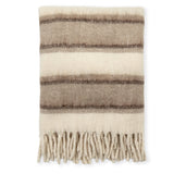 A folded striped wool throw with fringed ends, featuring horizontal bands of cream, taupe, and dark brown on a plain white background.