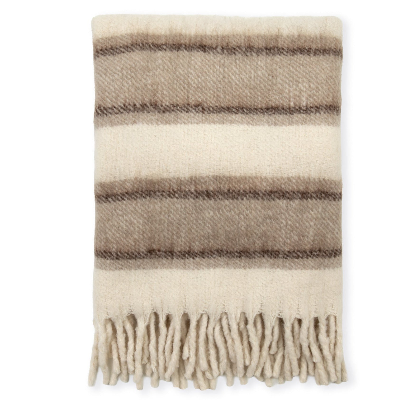 A folded striped wool throw with fringed ends, featuring horizontal bands of cream, taupe, and dark brown on a plain white background.