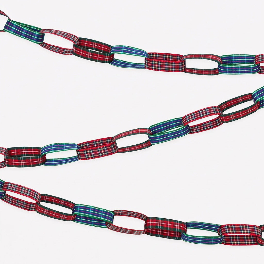A reusable paper chain garland with alternating red, green, and blue tartan plaid links, shown on a light gray background 