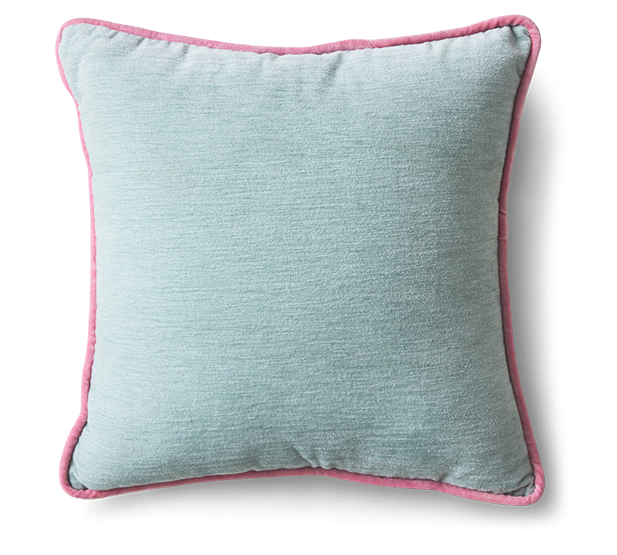 A square throw pillow in a light dusty blue fabric with a contrasting pink piped border, shown against a plain white background.
