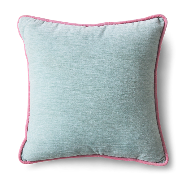 A square throw pillow in a light dusty blue fabric with a contrasting pink piped border, shown against a plain white background.