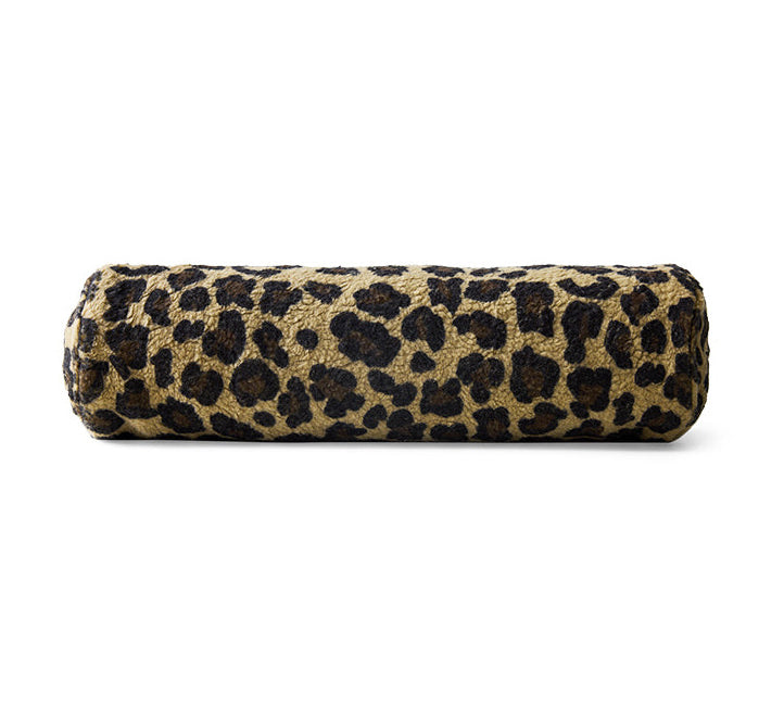 Leopard print cylindrical pillow on a white background