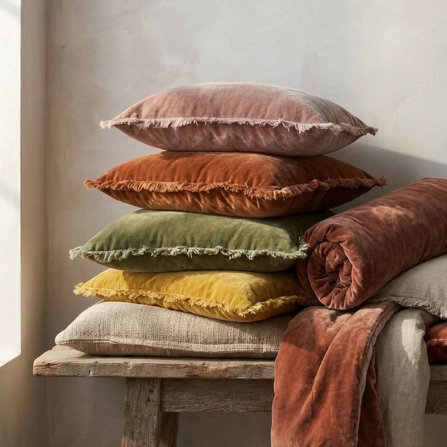 A stack of velvet throw pillows and a matching rolled throw blanket in muted earthy tones, including dusty pink, rust orange, sage green, mustard yellow, and beige, styled on a rustic wooden bench against a textured plaster wall.
