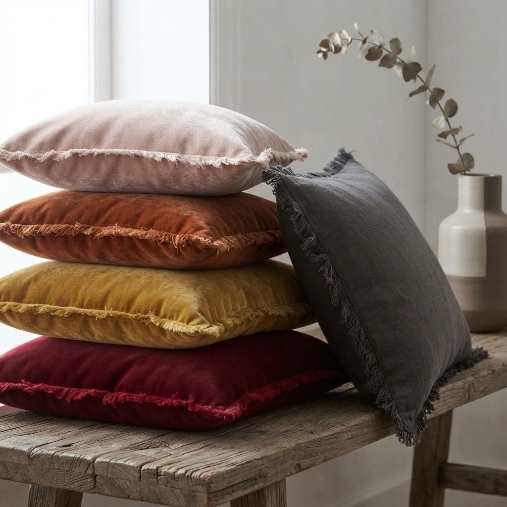 A stack of five velvet throw pillows in dusty pink, rust orange, mustard yellow, deep red, and charcoal gray, styled on a rustic wooden bench with a neutral ceramic vase in the background.
