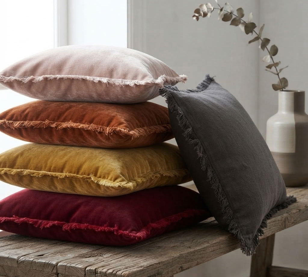 A stack of five velvet throw pillows in dusty pink, rust orange, mustard yellow, deep red, and charcoal gray, styled on a rustic wooden bench with a neutral ceramic vase in the background.