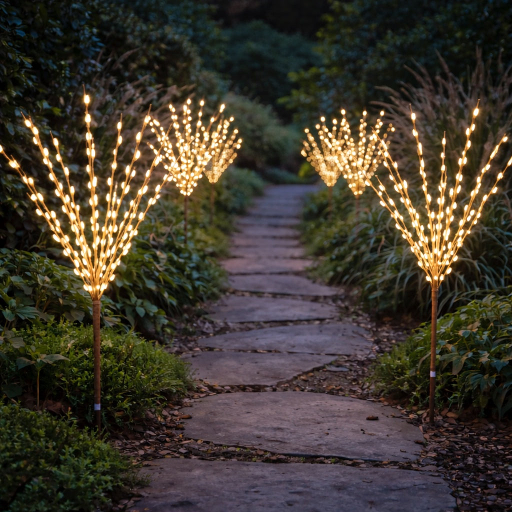 Decorative garden path lined with illuminated decorative trees at night.