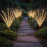 Decorative garden path lined with illuminated decorative trees at night.