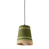 A woven cone-shaped pendant lampshade in horizontal stripes of olive green, beige, and light brown, suspended by a black cord against a plain white background.