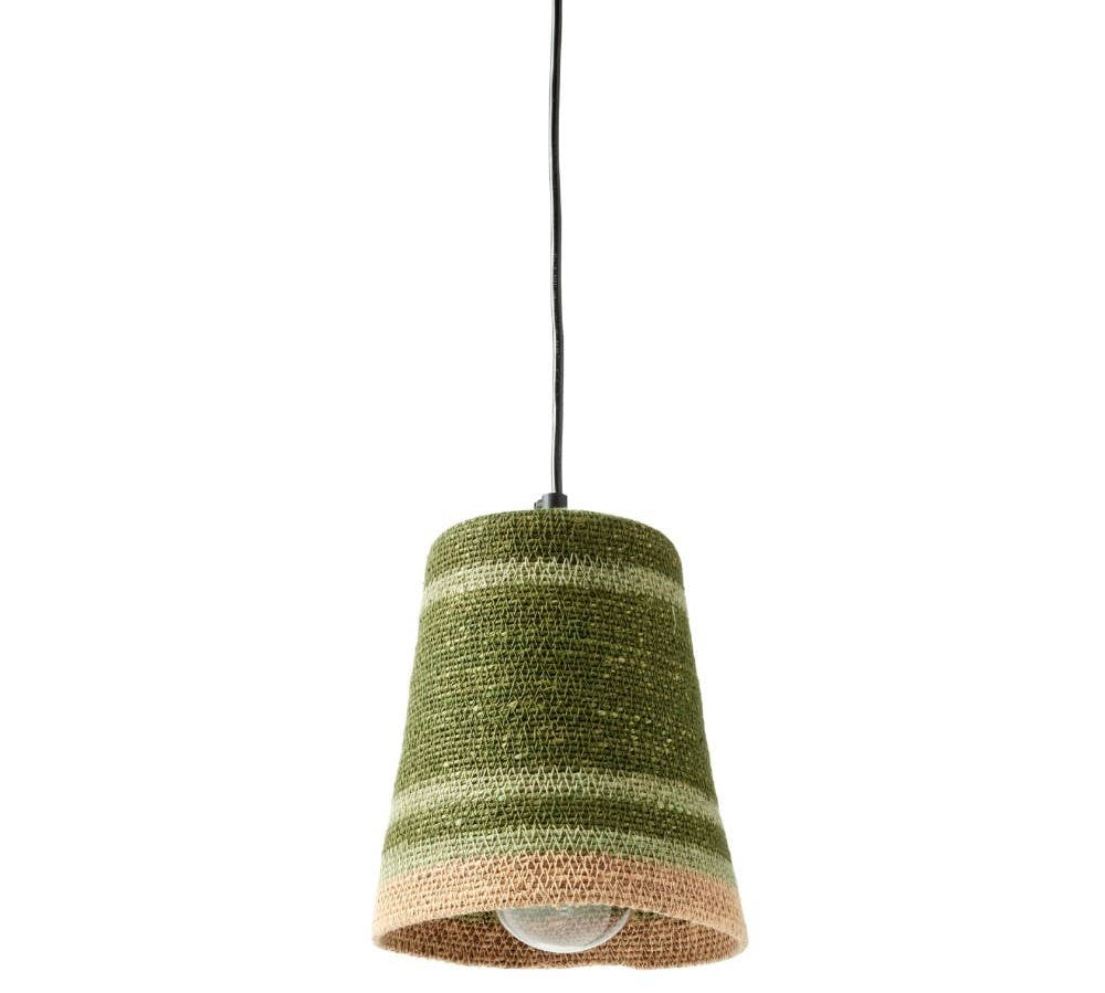 A woven cone-shaped pendant lampshade in horizontal stripes of olive green, beige, and light brown, suspended by a black cord against a plain white background.