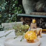 Decorative setting with a mushroom-shaped lamp, candles, and plants on a stone surface outdoors.
