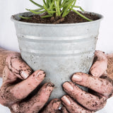 Person holding a round zinc plant pot 