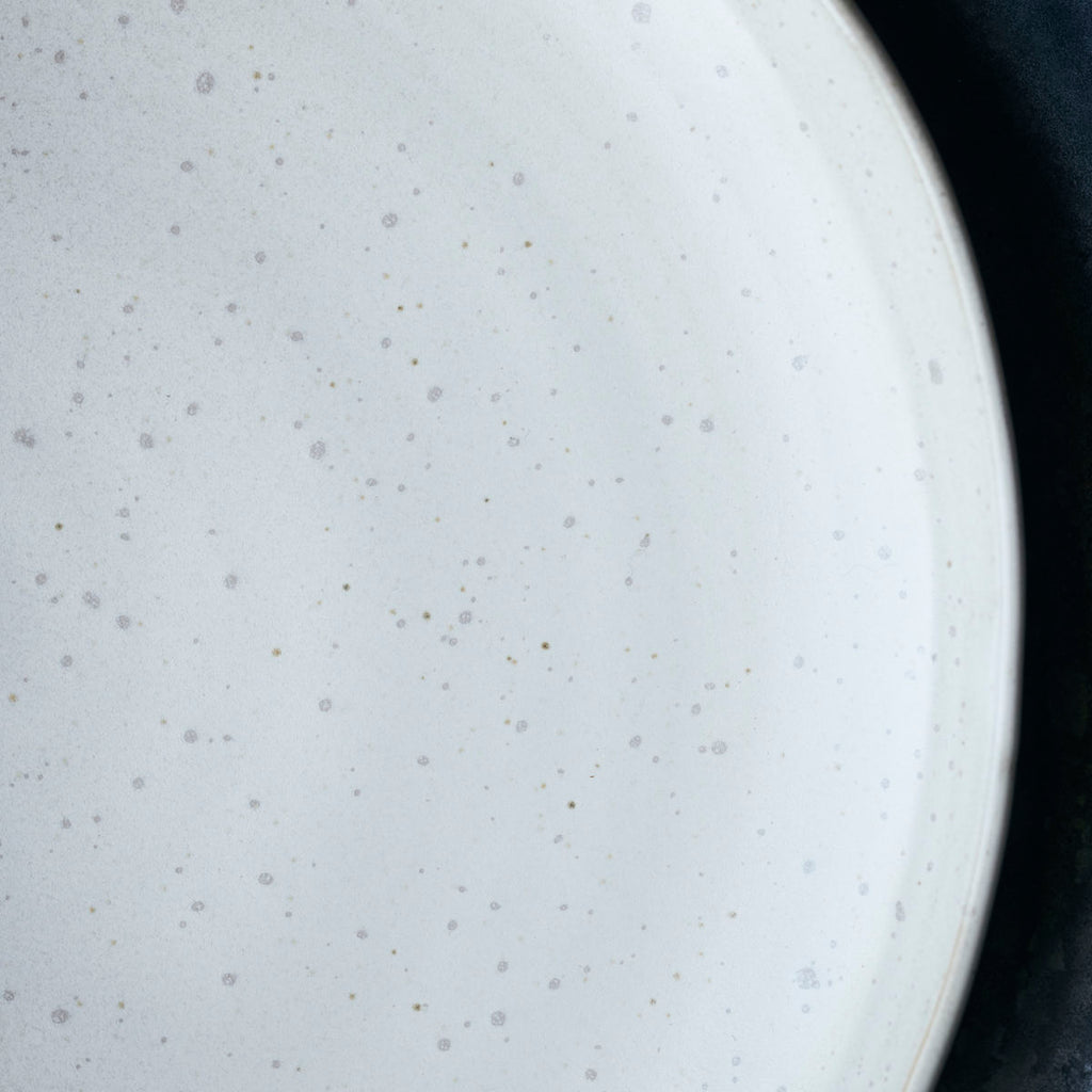 detail of white and grey speckled plates 