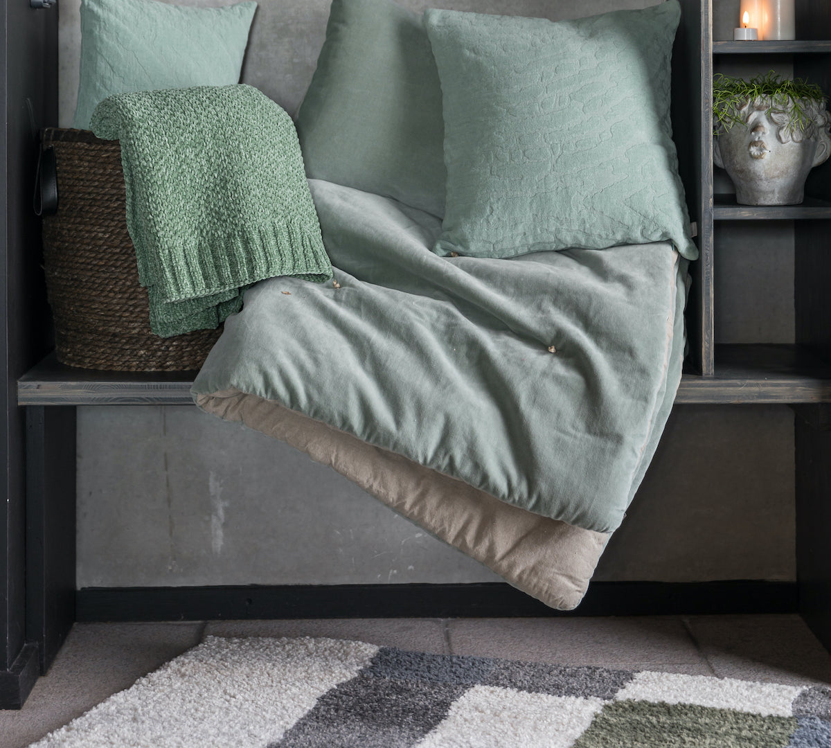 green velvet throw with beige cotton reverse