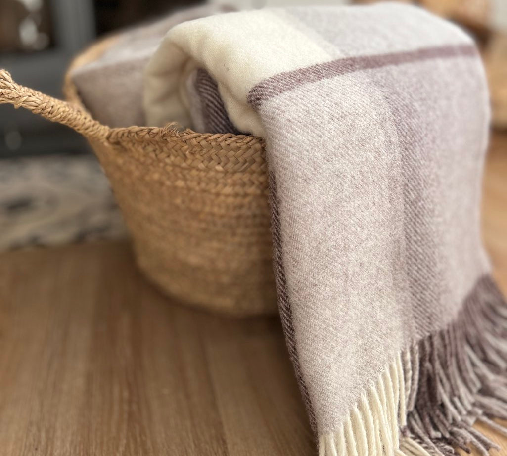 Tweedmill block check wool throw in natural shades