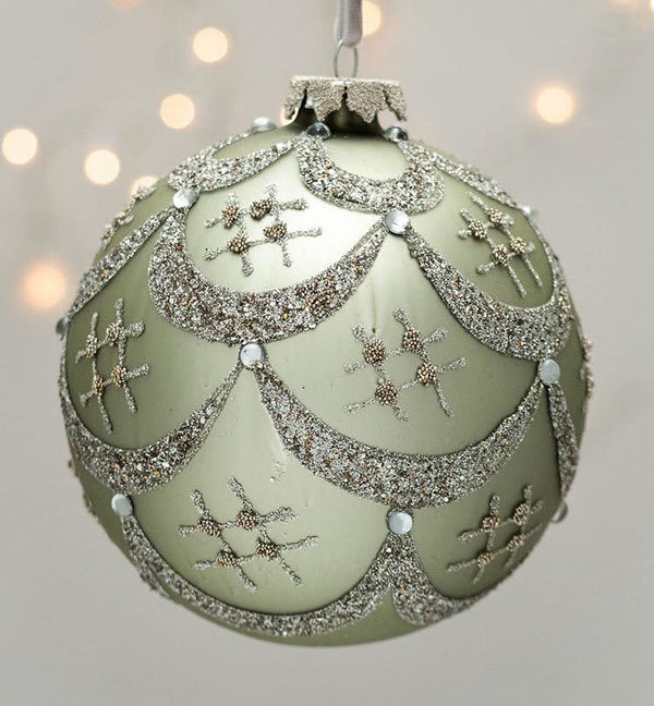 Large mint green glass Christmas bauble with silver beading Bolshoi