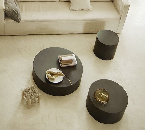 black metal drum shaped coffee table