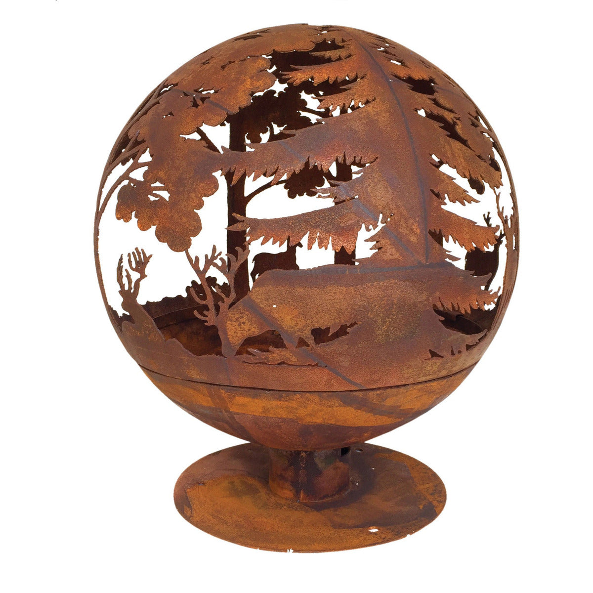 iron globe firebowl with woodland design