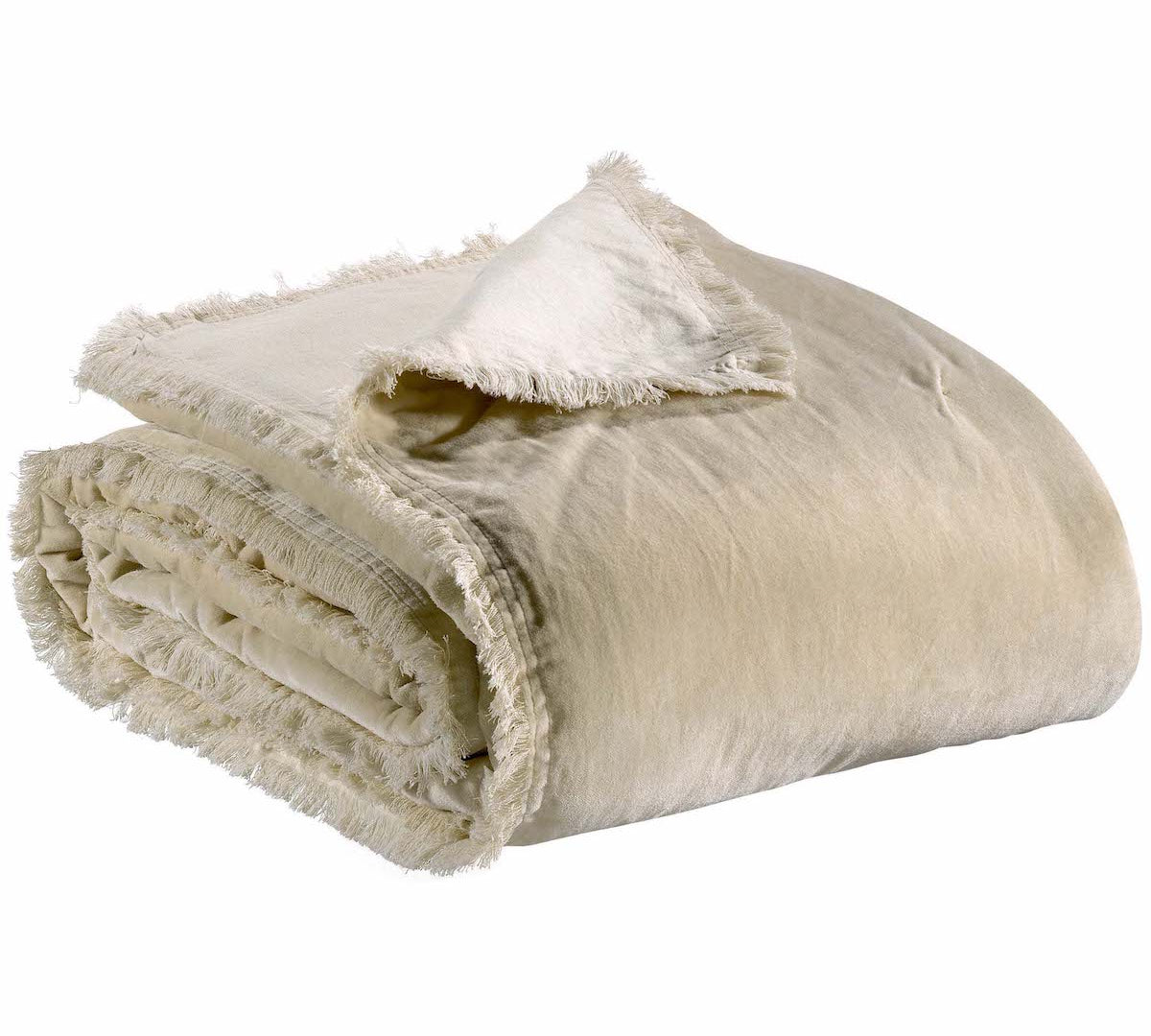 beige velvet throw by Vivaraise with fringed edge
