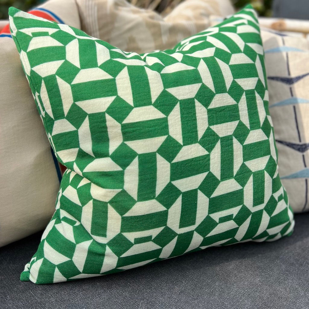 Etha green and white geometric patterned cushion Etha by House Doctor