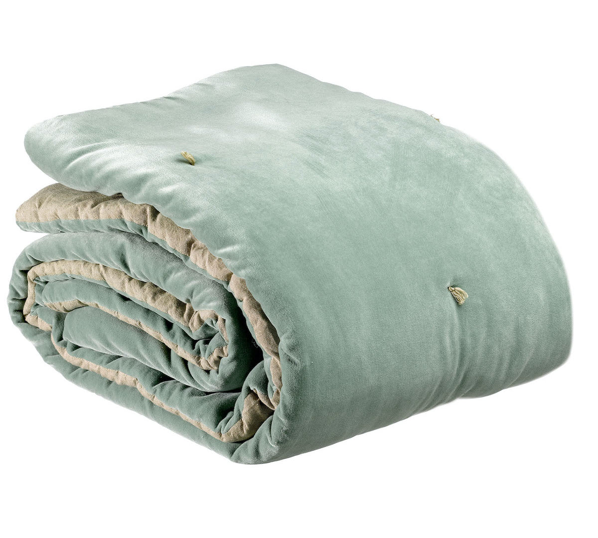 Green quilted throw by Vivaraise with hand knotted detail 