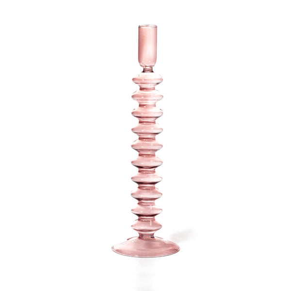 tall rose pink glass candlesticks by Maegen in a bubble design