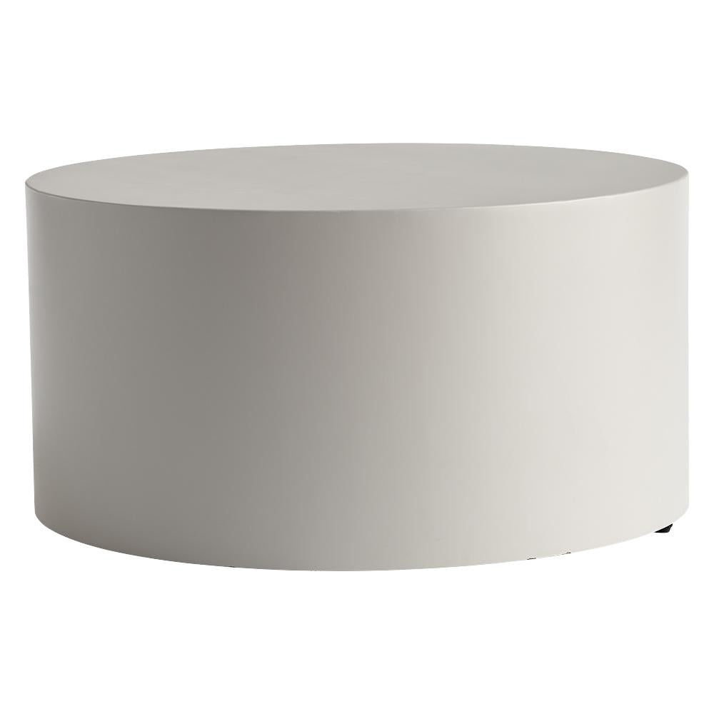 Drum shaped coffee table in pale grey metal 