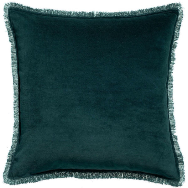 teal velvet cushion with fringe edges
