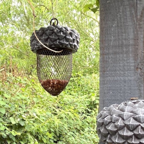 A acorn shaped bird feeder made from plastic coated metal, hanging from a tree.