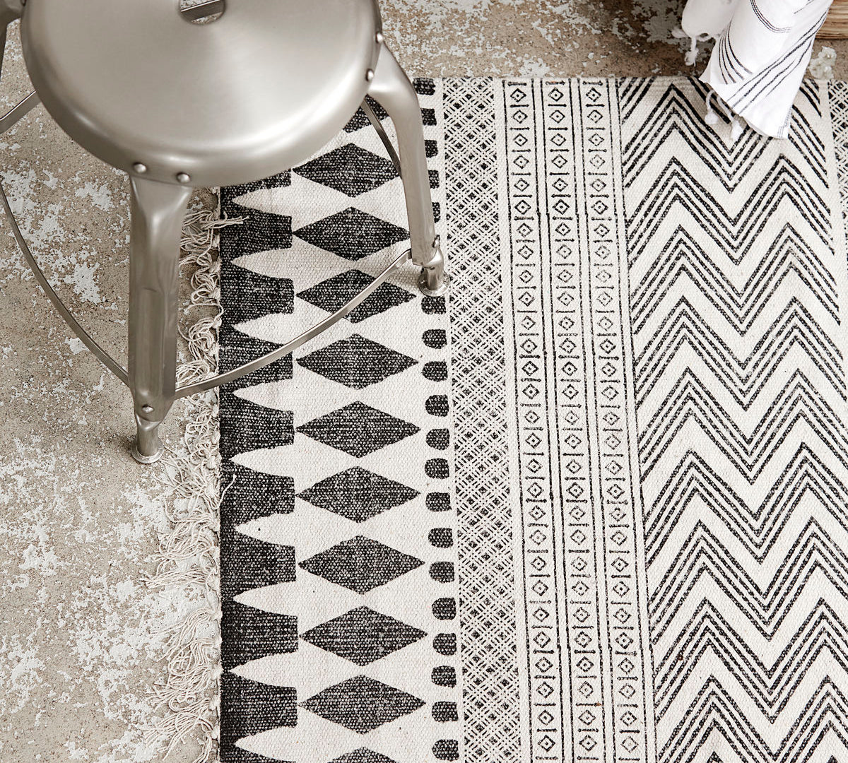 monochrome rug with geometric design