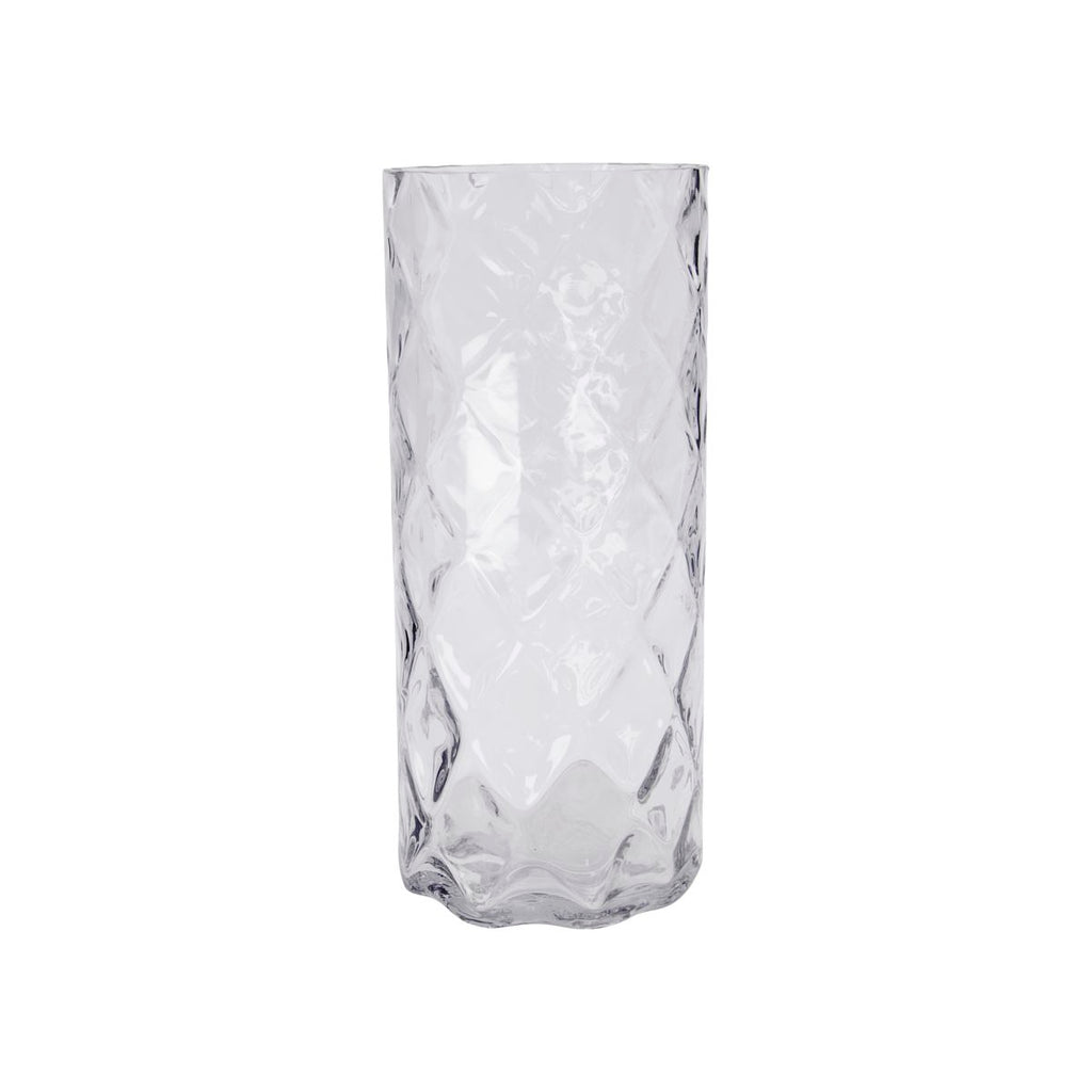 tall glass vase with a diamond texture pattern