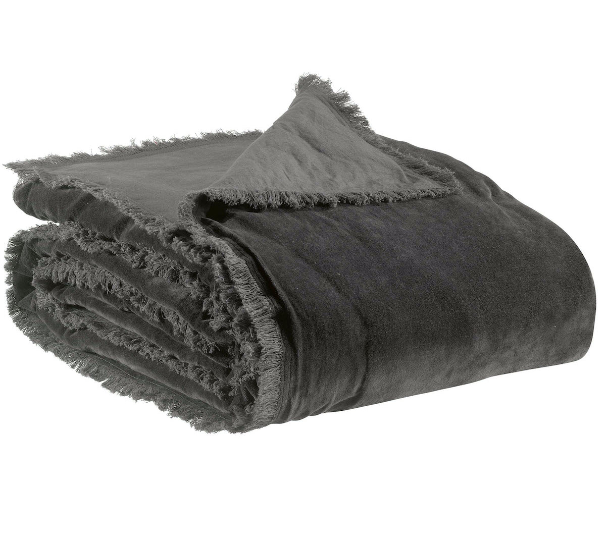 dark grey velvet throw with fringed edges by Vivaraise