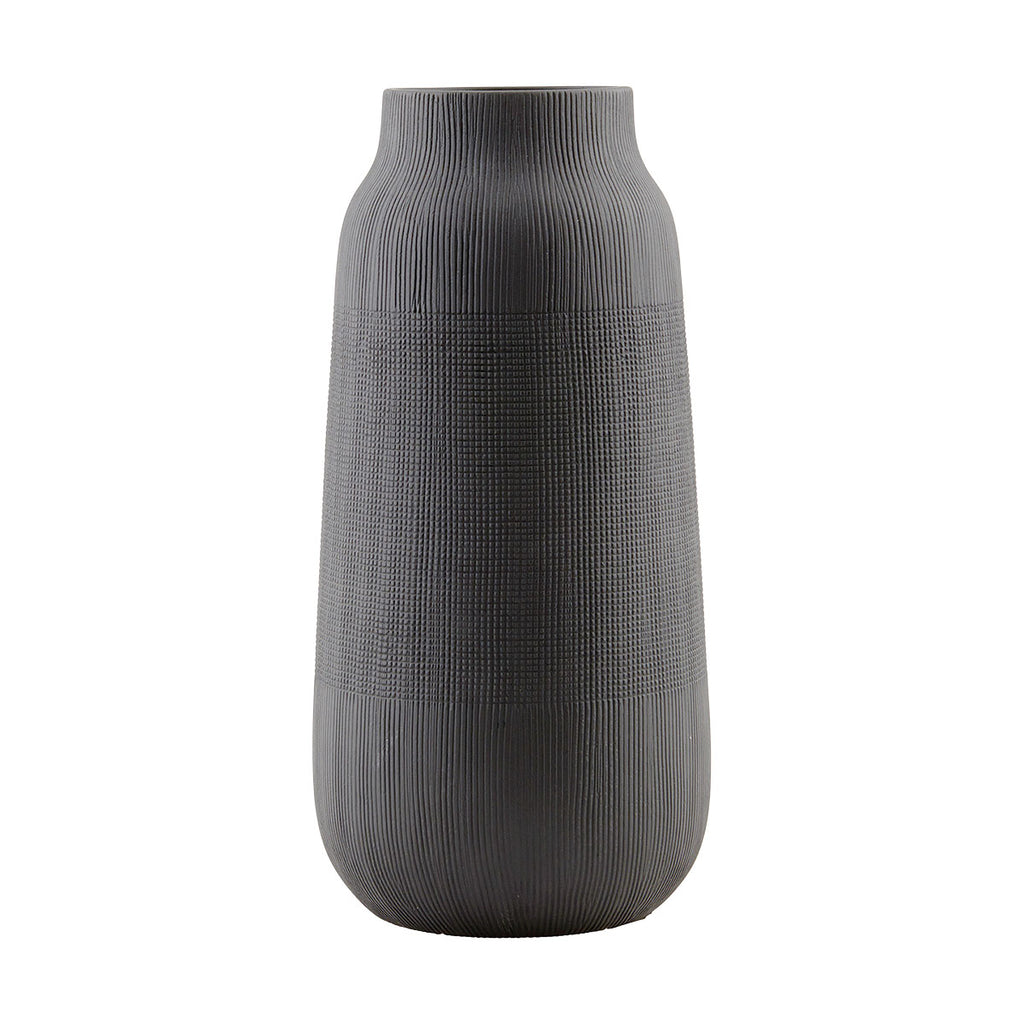 tall black vase with textured finish 