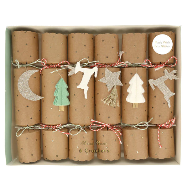 Brown paper Christmas crackers with Felt and glitter moon, star and reindeer by Meri Meri