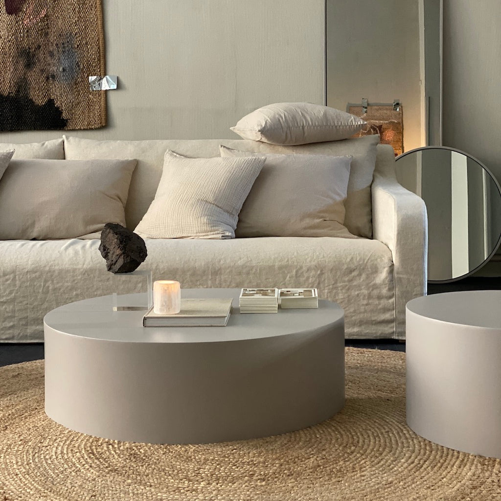 pale grey round drum coffee table by Tine K 