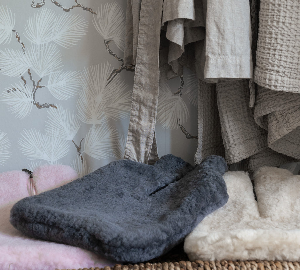 sheepskin hot water bottle cover in pink